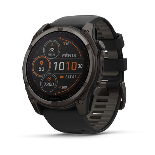 fēnix® 8 – 51 mm, Solar, Sapphire, Carbon Gray DLC Titanium with Black/Pebble Gray Silicone Band